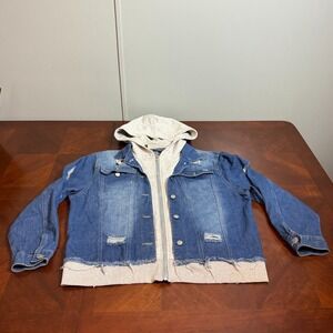 THRILL JEANS Men's 2X Distressed Denim Jean Jacket Faux Layered Grey Hooded Hybr